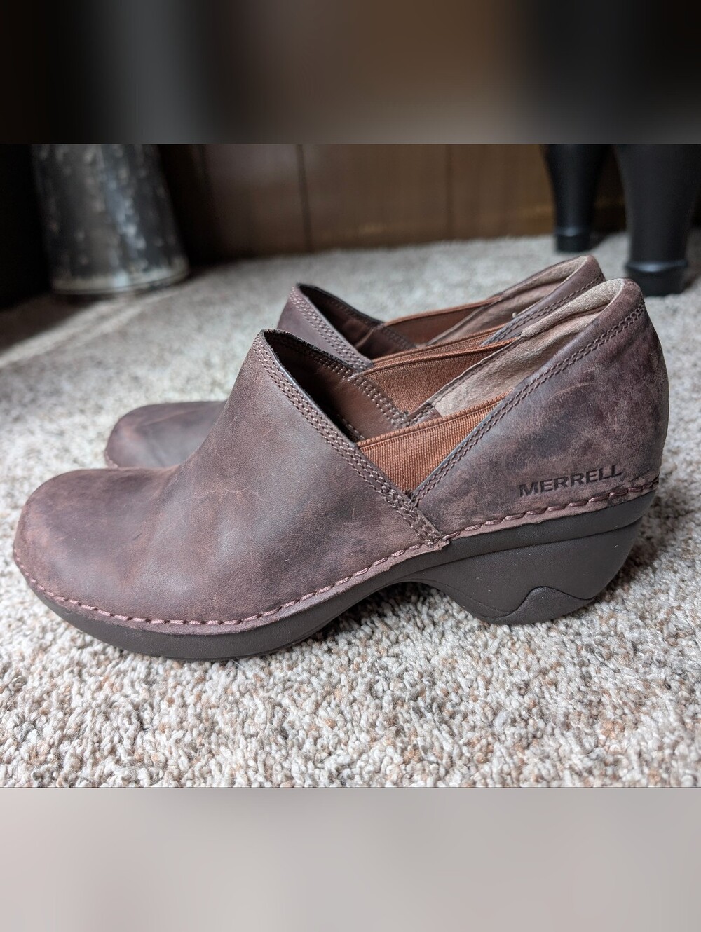 Merrell Emma Brown Leather Slip-On Clogs